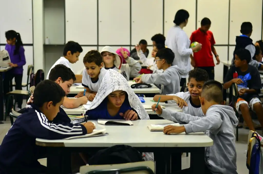 Crianças estudando em sala de aula. Texto sobre direitos sociais.