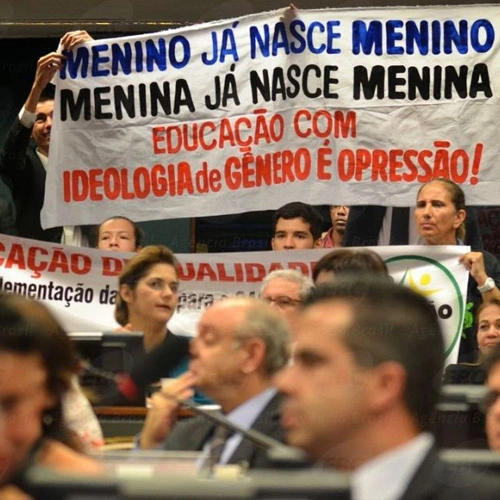 Manifestação contra a "ideologia de gênero" Pessoas manifestaando em plenário contra a ideologia de gênero, segurando faixa escrito "manino já nsce menino, menina já nasce menina, educação com ideologia de gênero é opressão!"