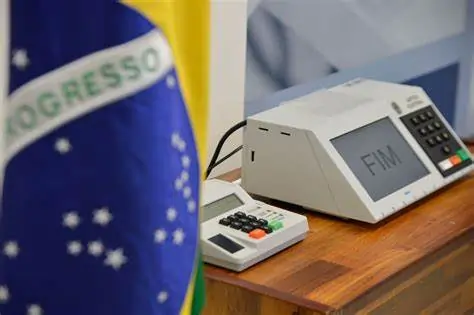 a imagem é composta por uma urna eletrônica, em que está escrito fim. Além disso, em um primeiro plano e de forma desfocada, há a bandeira do Brasil. Ela não aparece por completo, sendo possível ver apenas a parte azul e a palavra "progresso".