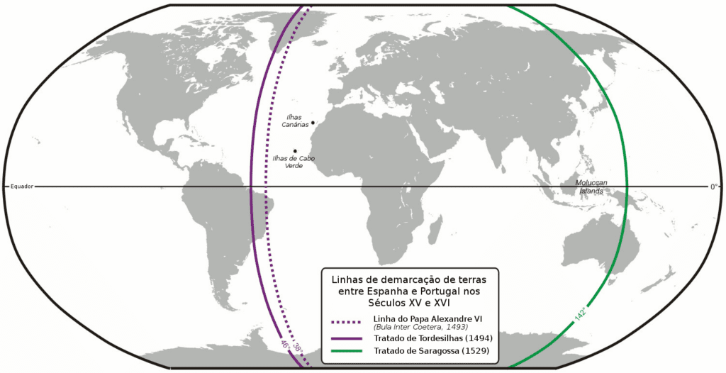 Mapa com as linhas do Tratado de Tordesilhas de 1494. Imagem: Lencer/ Wikimedia Commons (adaptação Info Escola).