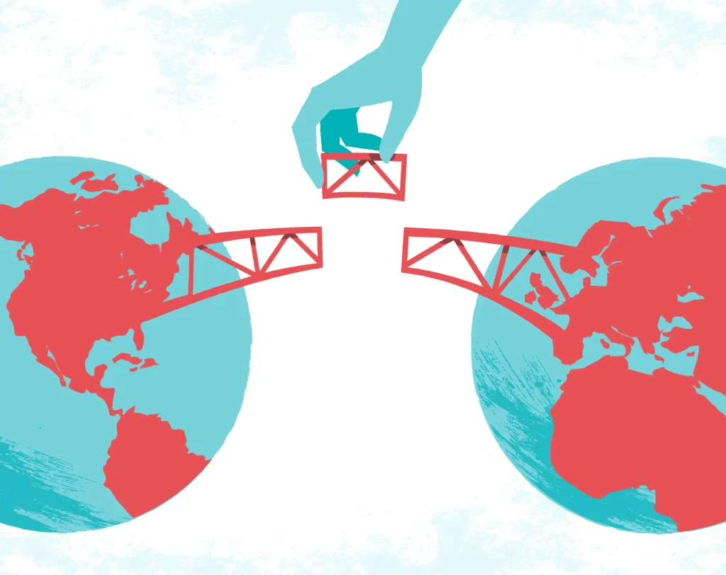 Arte de uma ponte sendo construída entre Europa e América do Norte. Texto: Guerra comercial e o impacto global nas economias