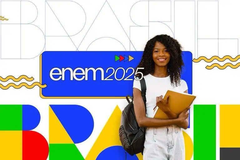 Imagem de divulgação oficial do Enem 2025, com uma menina segurando materiais de estudo e carregando uma mochila.