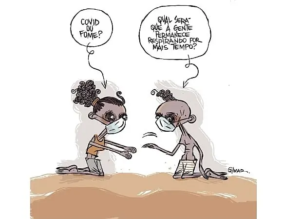 Charge representando duas crianças, e fica a dúvida se estão com fome ou com covid-19