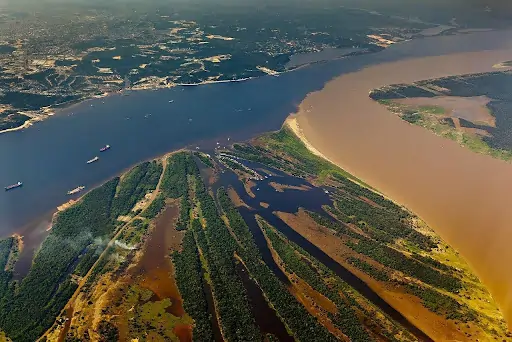 Imagem de cima do Rio Amazonas. Texto: Poluição dos rios amazônicos: como ela impacta os povos indígenas?