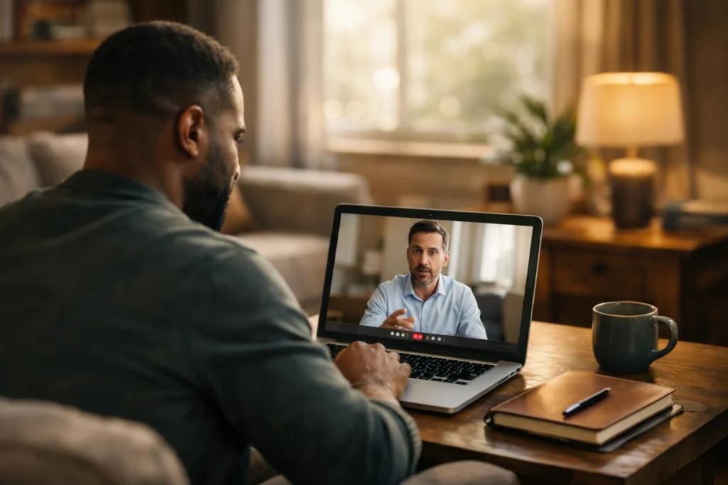 Um homem conversa por vídeo chamada com outro homem, via notebook, em um ambiente residencial. Sobre a mesa de madeira, há um caderno, uma caneta e uma caneca. Ao fundo, uma janela com luz natural, uma luminária e uma planta compõem o cenário de trabalho remoto.