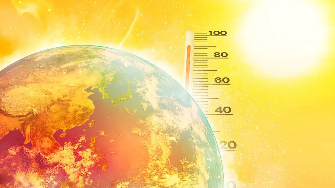 Ilustração do planeta Terra com termômetro indicando aumento da temperatura global e aquecimento do clima. Imagem: Syngenta Global.