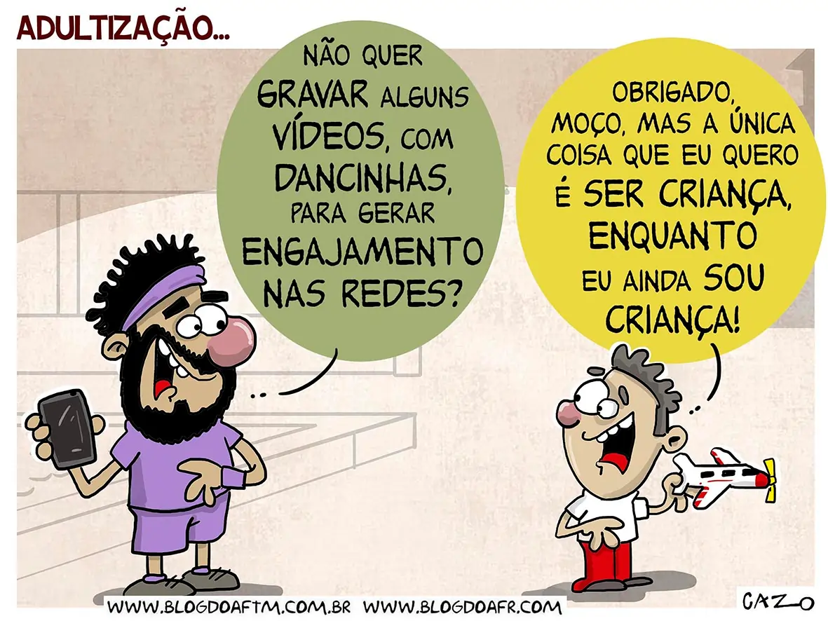 Charge representando como é a adultização (um adulto "incentivando" uma criança a gravar vídeos).
