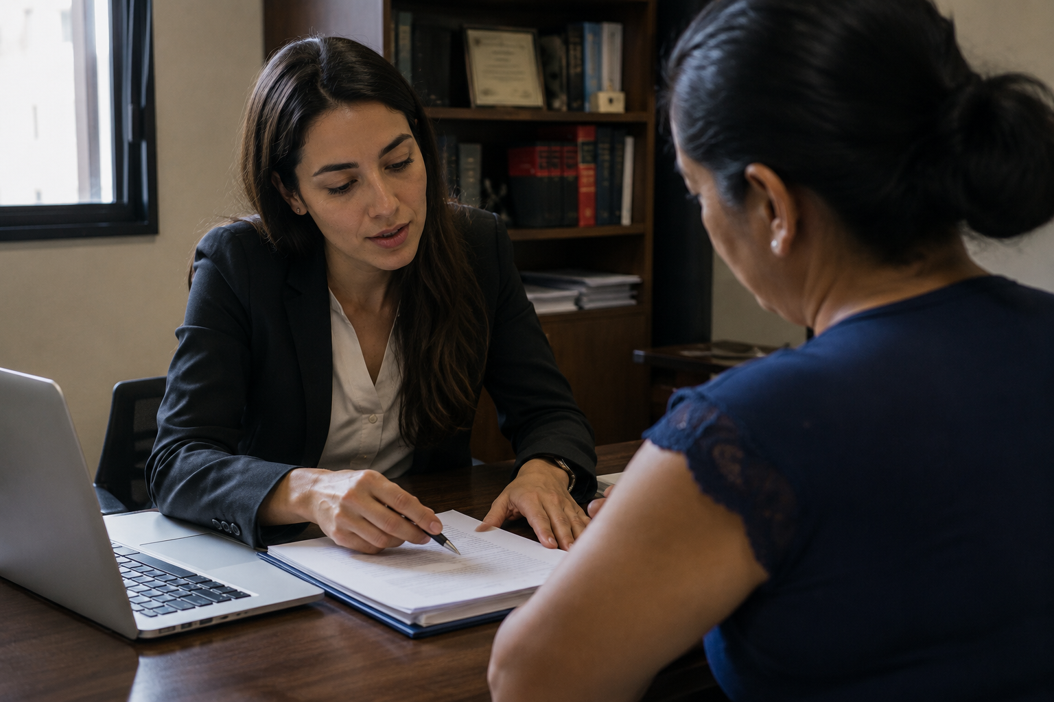 Duas mulheres sentadas frente a frente em uma mesa de escritório. Uma delas, vestindo blazer, aponta para um documento enquanto fala. A outra mulher parece acompanhar atentamente a explicação. A cena representa um atendimento jurídico no contexto da advocacia pro bono.