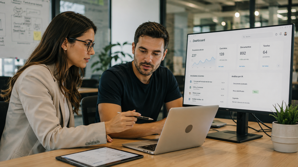 Dois profissionais, um homem e uma mulher, analisando juntos dados jurídicos em um notebook e monitor com dashboard aberta.