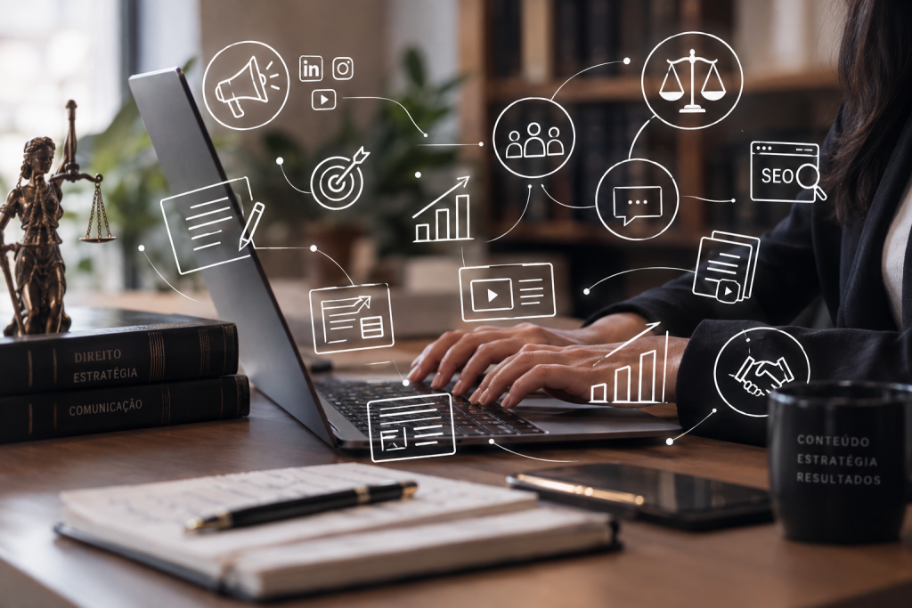 Profissional do Direito trabalhando em notebook, com ícones digitais relacionados a redes sociais, SEO, produção de conteúdo, comunicação, estratégia e advocacia ao redor da tela.